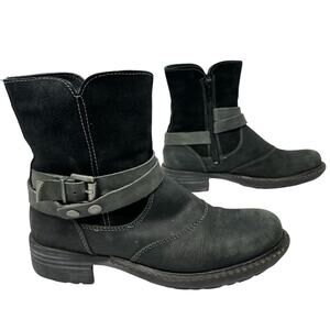 Bos. & Co. Devon Ankle Boots Womens 40/ 9.5 Black Leather Moto Harness Chunky